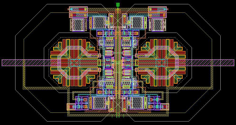 A physical layout of the QVCO with high level of symmetry is shown in Fig. 4.2. Interconnect of the two VCO cores cross each other at the center of the layout.