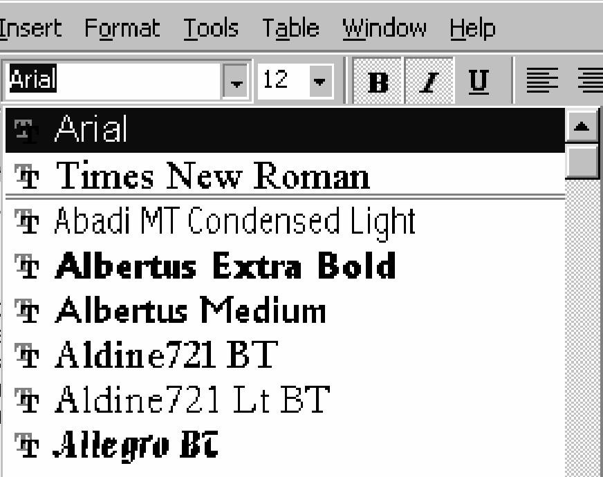 dreapta casetei de text Font, de pe bara de formatare; se selectează tipul corpului de literă din lista Font.