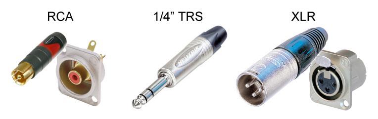 have a stereo pair of outputs labeled main out or monitor out. Typical connections types on your loudspeakers or audio interface are RCA, 1/4" TRS, or XLR, as shown in Figures 5 and 6.