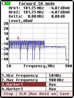 Forward signal spectrum analyzer The forward signal spectrum analyzer access is located in the Operation Modes screen.