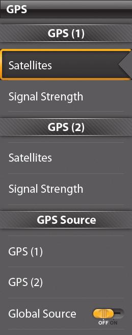 GPS STATUS TOOL The GPS Status Tool allows you to select a primary and secondary GPS Source, displayed as GPS 1 and GPS 2, and provides the GPS and heading data from each selected source.