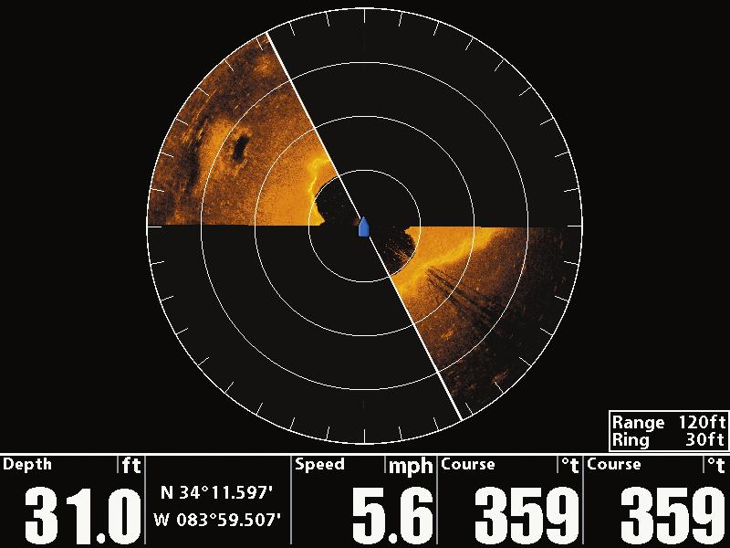 360 View A B B A Sweep Line Sonar Returns B The sweep line on the 360 Imaging display reveals detailed sonar returns in real time.