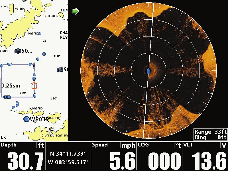 360/Chart Combo View (800, 900, and 1100 Series only) The 360/Chart Combo View shows chart information and 360 Imaging sonar information in a combination split screen, where the Chart View is