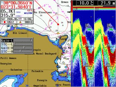 4. FISHFINDER GPS chart plotter with fish-finder To see the display of GPS chart plotter with fish finder, press ( ). Water temp. Depth Fish-finder: Low Freq. Plotter Fish-finder: High Freq.