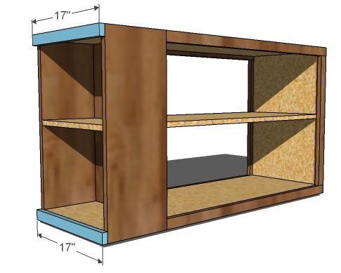 [22] Small Bookshelf Trim Attach the bottom and top trim to the small bookshelf. Use 2 finish nails and glue.