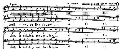 Caracterul juvenil şi fericirea Elvirei sunt redate de triluri, note staccato sau formulele dublu punctate din acompaniament (care se repetă în fiecare măsură, cu susţinere armonică, în registrul