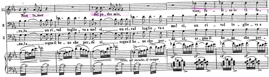 132-140): Atunci când linia melodică se află la Giorgio şi Riccardo apar indicaţii scenice care prezintă starea psihică a Elvirei (resta abbattuta ed immobile 19 sau Elvira si