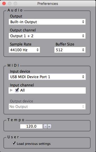 The Preferences Dialog The preferences dialog allows configuration of Audio, MIDI, and User Choices.