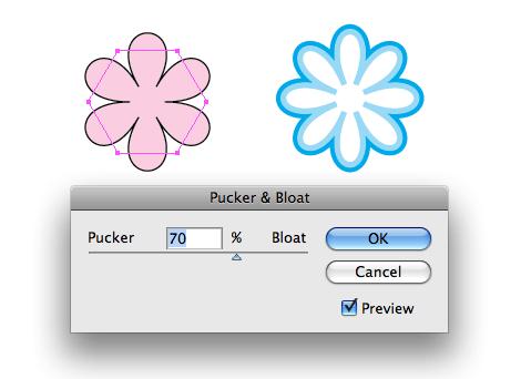 With the same object, change the Pucker & Bloat option to 70%, and you