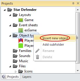 In the Projects panel, right-click on the Object types folder and select Insert new object.