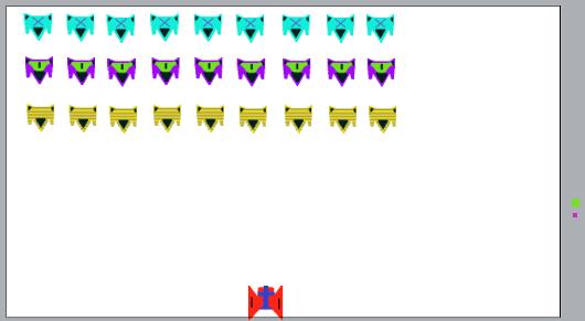 Select the entire middle row of enemy space ships. In the properties pane in the bottom properties section change the Initial frame to 1. Change the turret rate of fire for this row to 5.