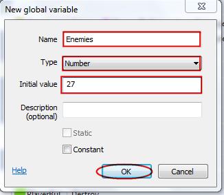 Call your new global variable Enemies, make it a type Number, with an initial value of 27 (or however many enemies your game has). Click the OK button.