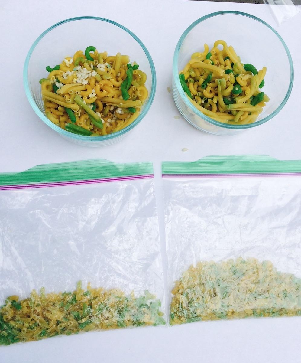 1. Combine different types of pasta and rice together in a large bowl and place about 1/2 cup of mixture in bowl or cup. Each participant will need 2 