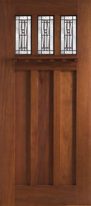 Royal Mahogany Craftsman Features PROPRIETARY DECORATIVE GLASS DESIGNS Royal Mahogany Craftsman doors are factory-glazed with a choice of two decorative designs. Clear insulated glass is also offered.