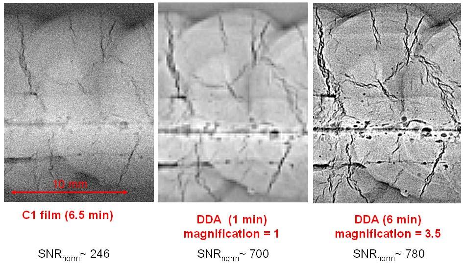 Fig. 10: Comparison of image quality with NDT film class C1 (left column) and DDA (middle