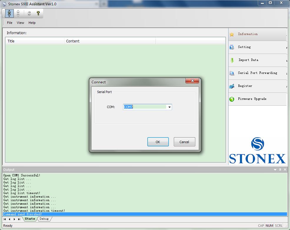 Chapter V: Stonex Assistant for S9 III V.1 Start Stonex Assistant on your PC. Connect the S9 III to the PC USB port using Lemo7 USB/Serial cable.
