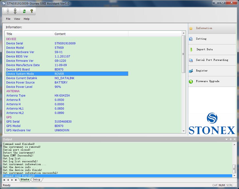 Chapter V: Stonex Assistant for S9 III When you find the right COM port, you should see the screen shown in Fig 5.