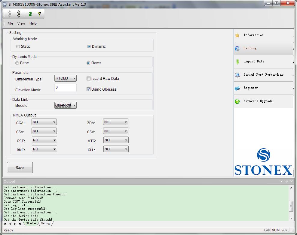 Chapter V: Stonex Assistant for S9 III Fig. 5.17 - Bluetooth When you have completed all your selection, please click on Save button and the configuration will be stored inside S9 III memory. V.2.3.5. No Datalink only for Rover This option has to be selected if customer don t need any kind of corrections.