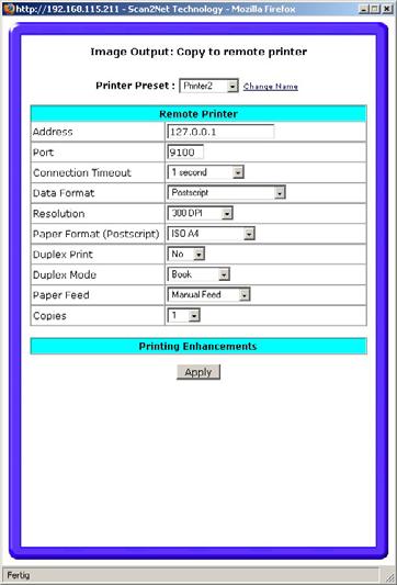 B.4.6.4.3 Postscript Printer Enter the IP address of the printer. The printer types defined in the field Data Format differs in type and number of adjustable parameters.