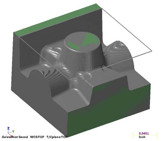 The following picture shows stock model comparison results: Toolpath operation Stock model result from operation Bull-Nose Tool Support in Dynamic and Optimized Roughing Toolpaths Toolpath motion in