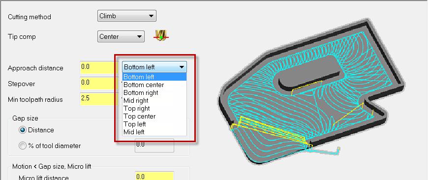 Outside Approach Control Dynamic Facing, Core, and Contour toolpaths now include the ability to