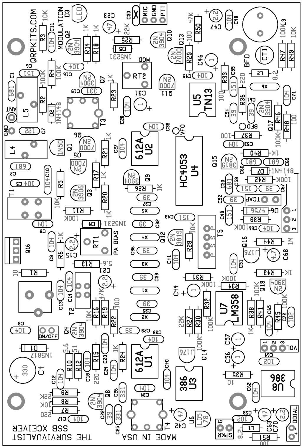Print this large, ink jet printer friendly parts placement and value diagram for easy reference during assembly.