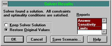 Figure Four: The Completed Solver Dialogue Box Before clicking 'Solve' it is good practice when doing LPs to go into the Options and check the 'Assume Linear Model' box, unless, of course, your model