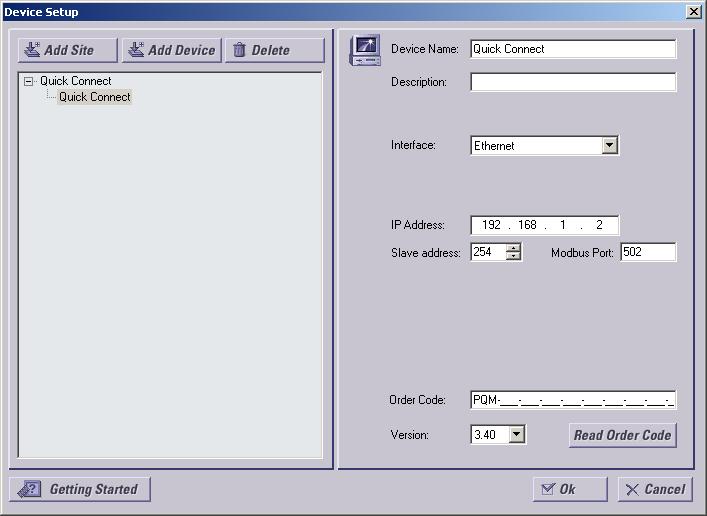 FIGURE 5: Device Setup Screen within Viewpoint 8. On the left is the device list showing the Quick Connect default site.