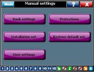 4.2.1 Manual settings (Set Mode) The manual settings allow the user to access all the Bank, Installation, User settings and protection/warning configurations.