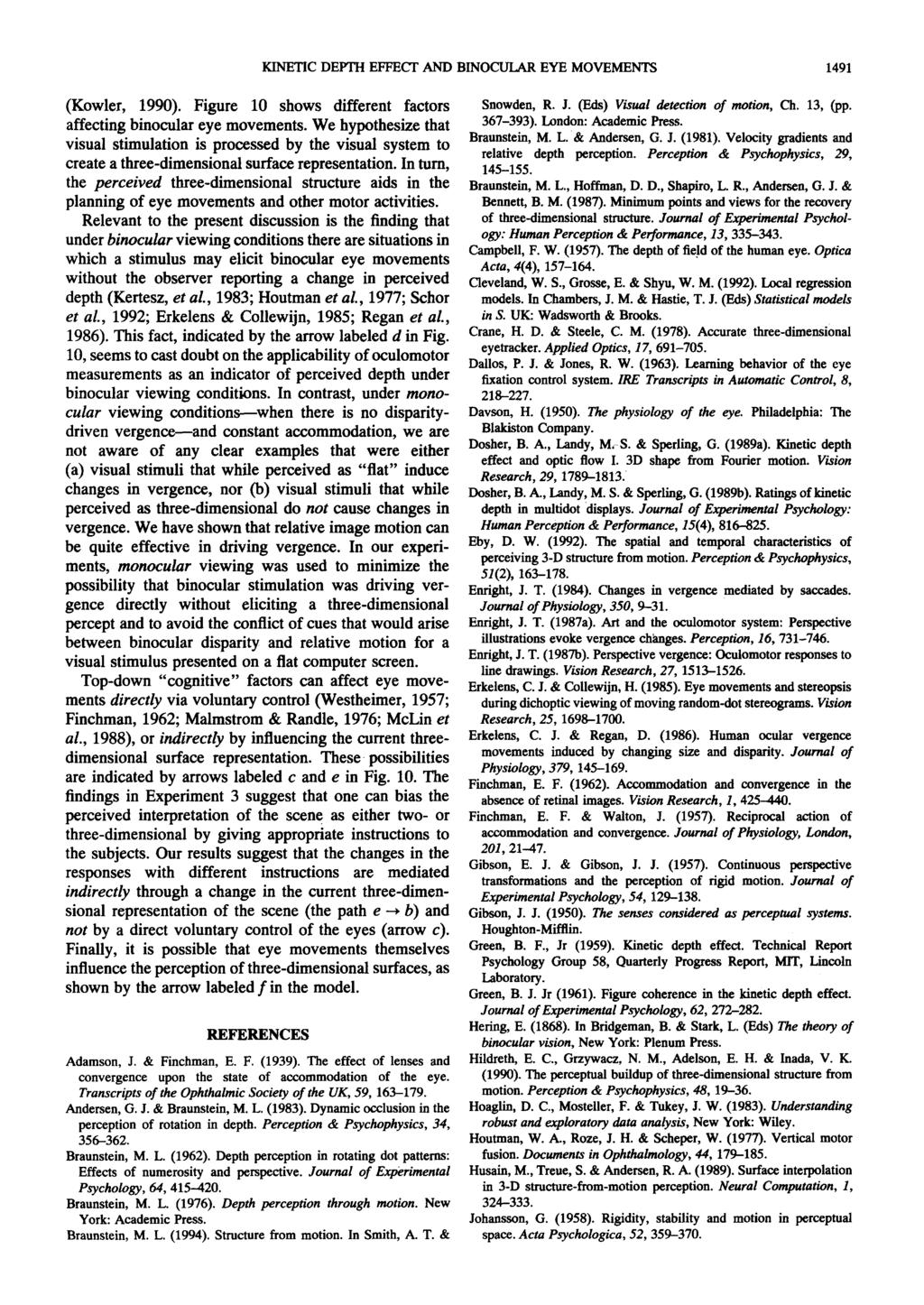KINETIC DEPTH EFFECT AND BINCULAR EYE MVEMENTS 1491 (Kowler, 1990). Figure 10 shows different factors affecting binocular eye movements.
