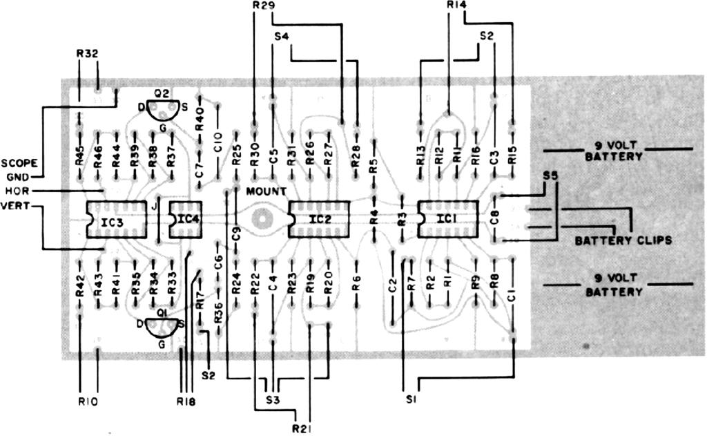 Fig. 3. Etching and drilling (above) and component (right) guides. PARTS LIST B1,B2 9-volt battery C1-C3 0.05-µF Mylar capacitor C2,C10 0.001-µF Mylar capacitor C4,C9 0.