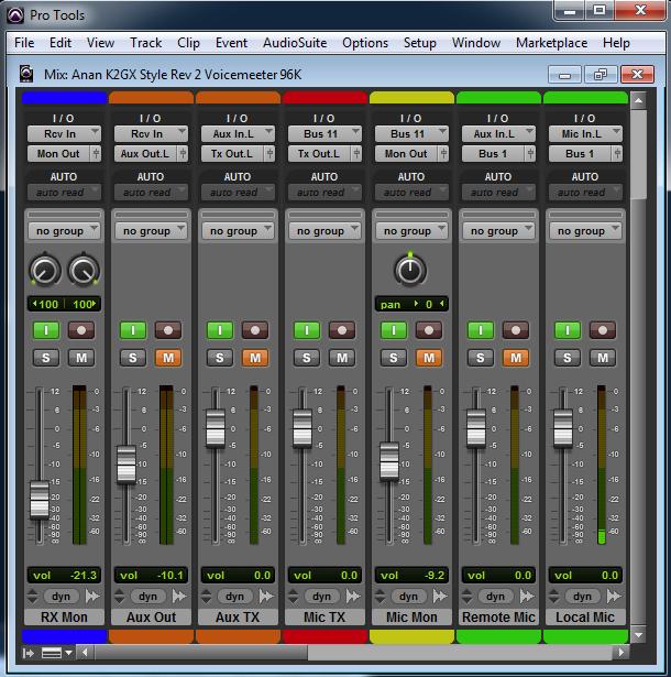 Figure 9 Example Pro Tools Mixer, I/O and Bus Assignment Configuration. Finally, note that Tx Out is handled as a mono bus using the left channel.