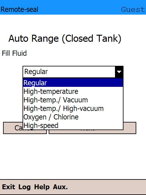 Yamatake Corporation Appendix-A (7) After entering the value for ρ, tap [Next >>]. (8) The screen for selecting a fill fluid appears.