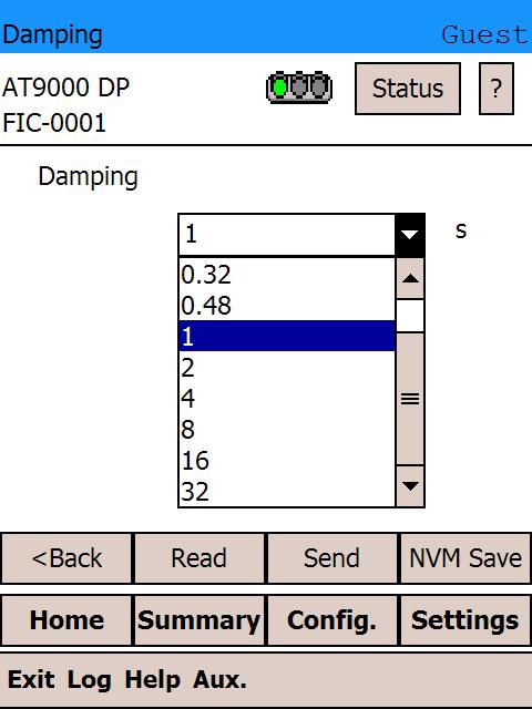 Appendix-A Yamatake Corporation 4.16: Damping You can configure the damping time constant on this screen. Allowable values (in seconds) are: 0.0, 0.16, 0.32, 0.48, 1.0, 2.0, 4.0, 8.0, 16.0, and 32.0. The current value is displayed.