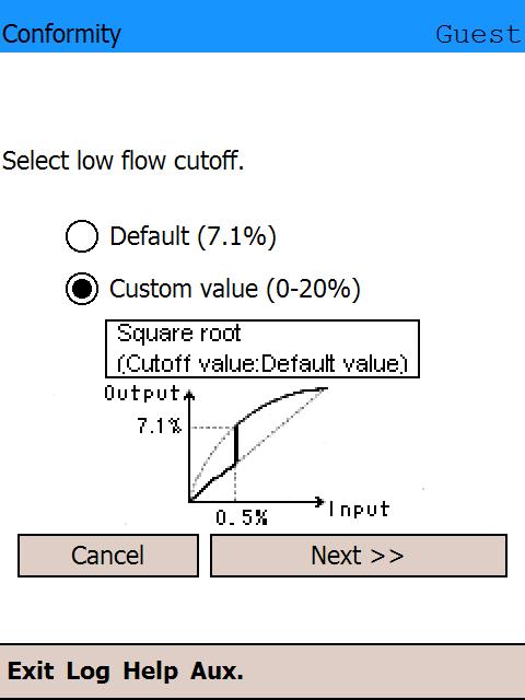 (3) If you select square root conformity, a screen for selection of low flow