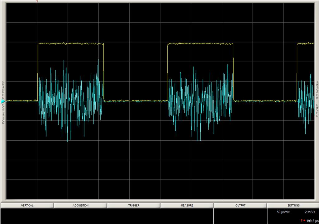 Figure 3) Time Domain Plots of PA Enable (yellow) and RF Pulse (blue) Because the power-up/power-down operation of the PA can cause transient and thermal effects that degrade transmitter