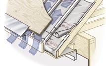 With soffit vented eave details, clinch staple the loose Tyvek AtticWrap TM between the rafter tails to prevent air channels from being closed off.