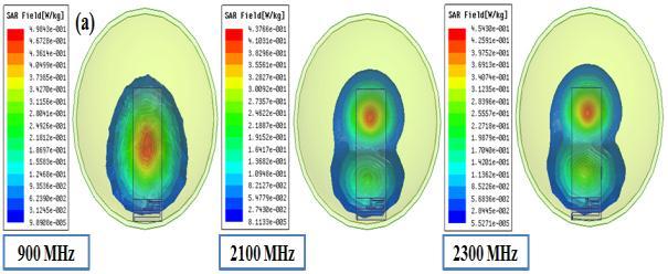 394 Fig.4. Simulated (a) 3D 1-g SAR and (b) 2D 10-g SAR distributions inside the tissue-equivalent material at the frequencies of 900 MHz, 2100 MHz and 2300 MHz, with 20 mm gap distance using Ansoft