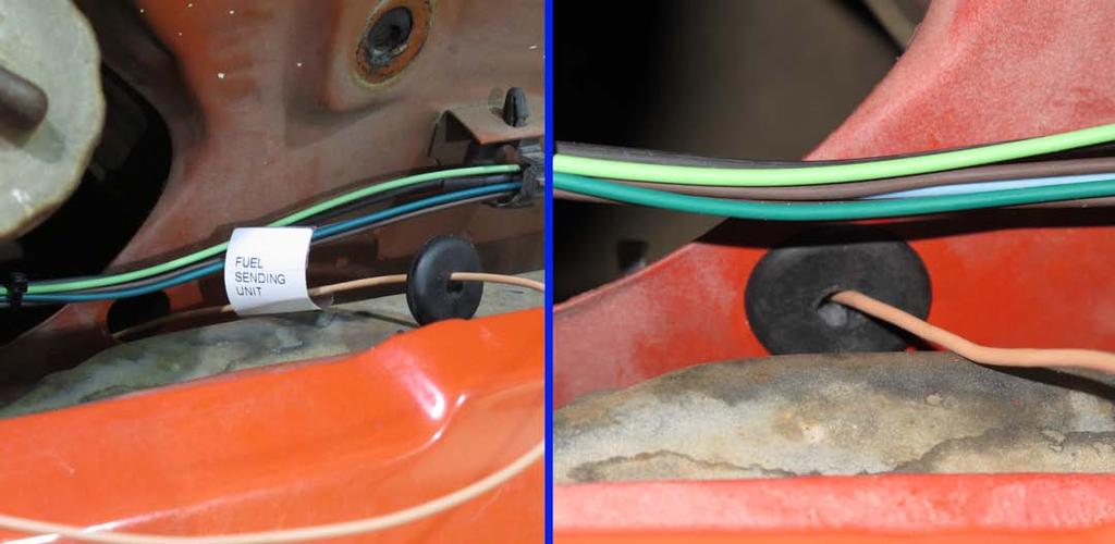 Locate the factory wire coming from the fuel tank sending unit, behind the rear bumper. Connect the single pin connector and wire found on the Tail Harness to this factory wire.