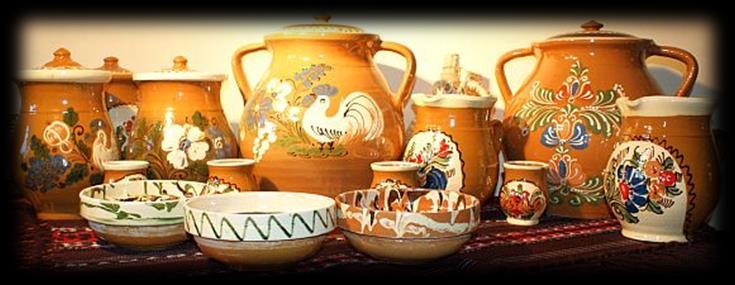 Traditional Ceramics many clay deposits in the hillock and plateau areas; wheel processing of the clay - Romanian pottery is still made mainly on traditional kick-wheels with simple finishing tools;