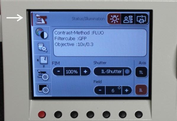 Touch Screen Control of Microscope Functions The touch screens on the microscope controller are as follows: Screen 1: Status and Illumination.