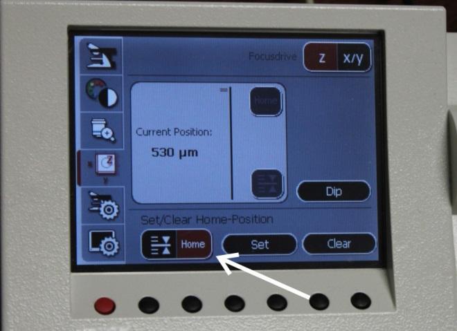 First, select Screen 3 on the microscope controller display and select the 10x objective. Then select Screen 4 and select Z-mode (top right).