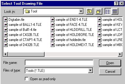 SURFCAM Reference Manual, Chapter 5 Lathe 305 Click the... button to display the Select Tool Drawing File dialog box which is used to select an existing tool file.
