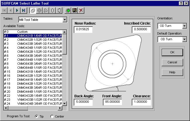 300 SURFCAM Reference Manual, Chapter 5 Lathe Figure 5: Select Lathe Tool dialog box Toolbar Use the toolbar to select a tool, add a new tool, or edit the features of an existing tool.