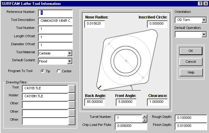 SURFCAM Reference Manual, Chapter 5 Lathe 303 Figure 10: Use this dialog box to edit a tool or to add a new lathe tool to the library. Reference Number The tool reference number.
