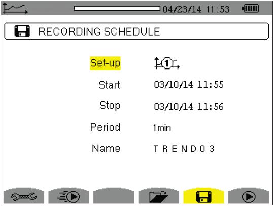 Step 2: Setting Up a Recording 1. At the Configuration Options screen, press. If there are no recordings stored in the instrument, the Recording Schedule screen appears.