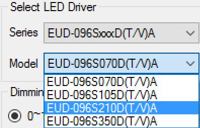 Under Select LED Driver, the drop-down menus for both Series and Model should be selected according to the model being programmed, see Figure 16 and Figure 17.