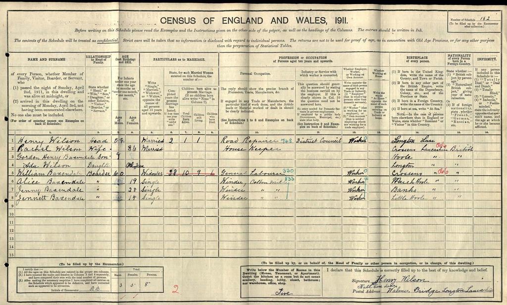 The 1911 Census showing Henry WILSON with his new