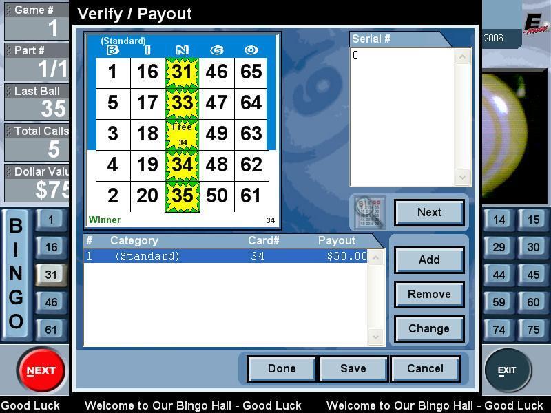 VERIFY button: Verify/Payout screen options not discussed in the QUICK TOUR: If more than one winner exists, hit the NEXT button to enter in another card number to verify multiple winners.