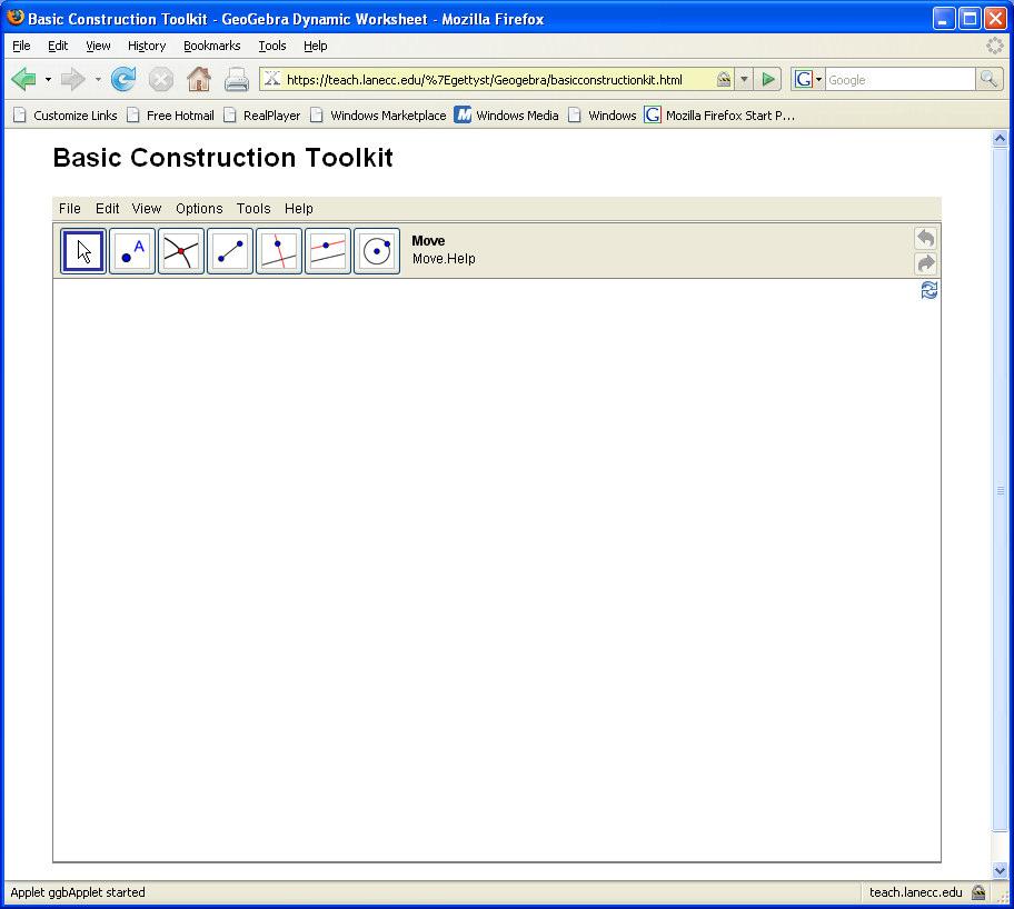Dynamic Worksheet Example: Basic Construction Kit A limited subset of the construction tools are available The algebra and input windows are turned off The menu bar is on so students can save their